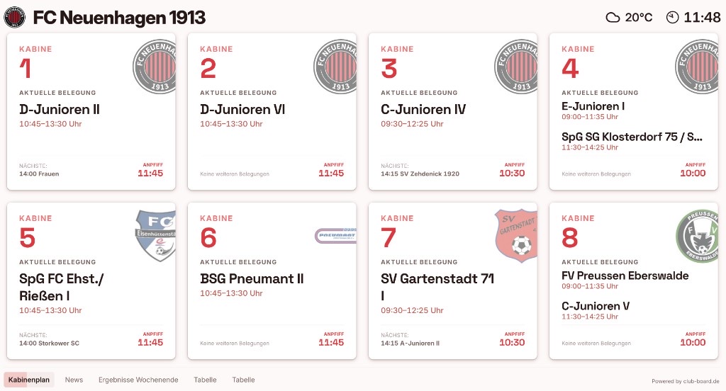Club-Board TV-Anzeige mit Kabinenplan, Belegungen und Anstoßzeiten im Vereinsheim.